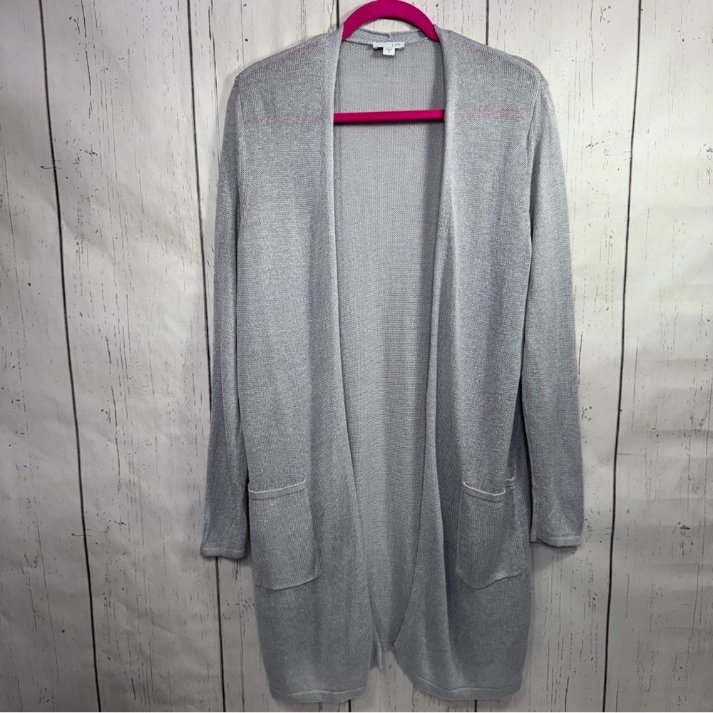J. Jill Linen Blend Open Front Cardigan Lightweight Gray Long Sweater Soft Knit